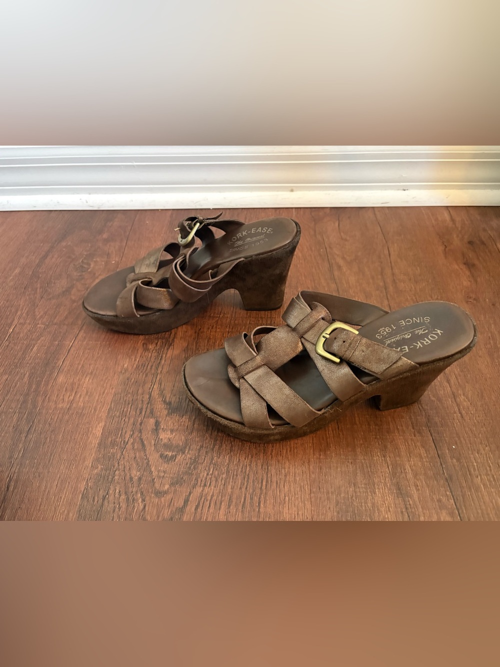 Kork-Ease Brown Leather Platform Mule Sandals Womens Size 7 Chunky Heel Boho